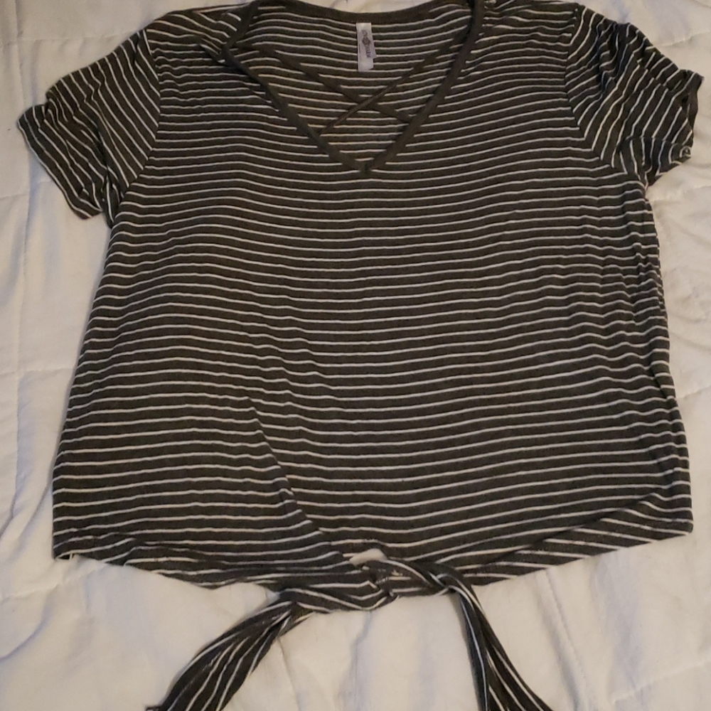 Love Charm Striped Tie Front Blouse with Criss-cross Neckline Size L